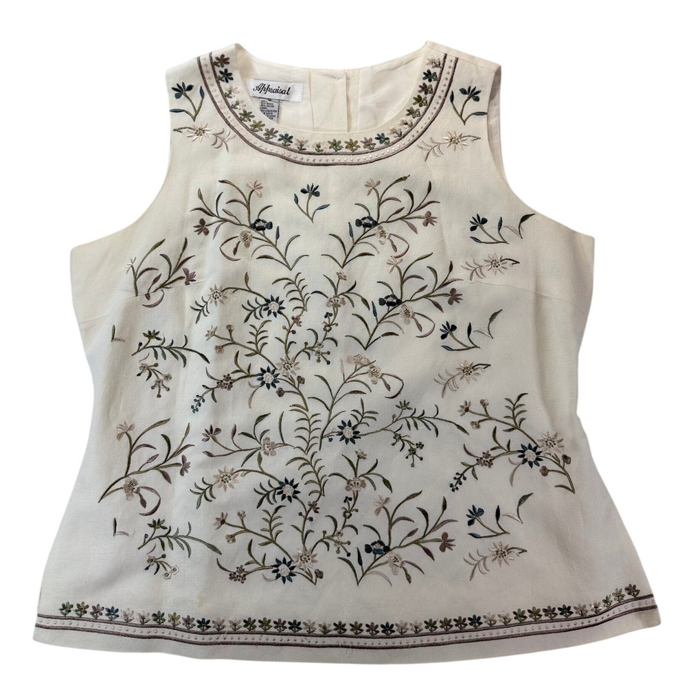 Appraisal Vtg Ramie Rayon Boho Cottage Cream Embroidered Button Back Blouse 16